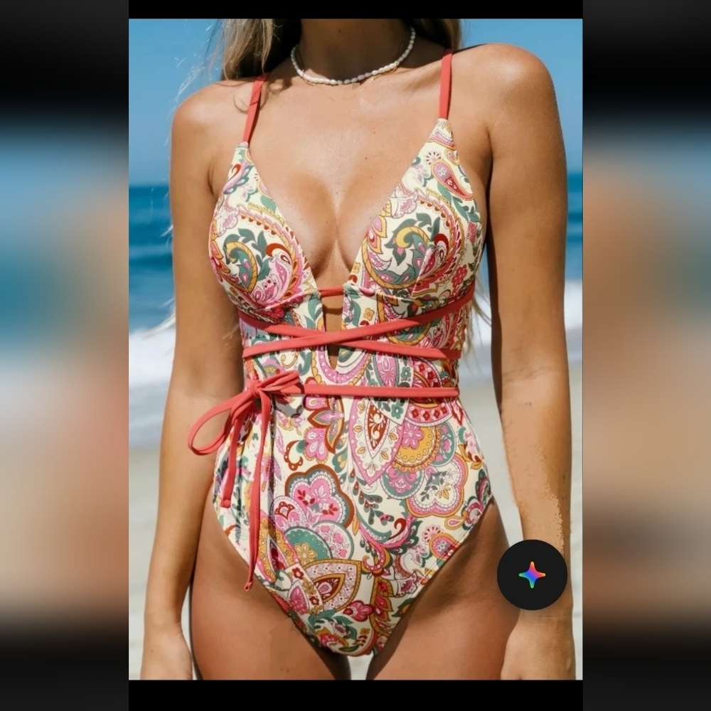 NEW CUPSHE Beattie Swimsuit One Piece PAISLEY Wraparound Tie Rust LARGE  Boho